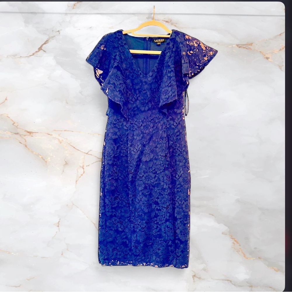 Lauren Ralph Lauren Blue Lace Cocktail Dress Flutter Sleeve Sheath Size 0 - Picture 6 of 8